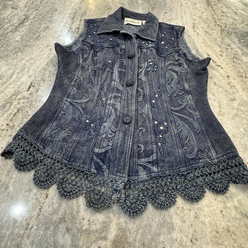 Flashback Denim Vest Top Embroidered Crochet Blue Sz S Boho Western Retro